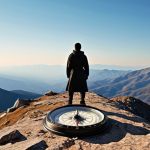 **

A compass pointing towards a clear blue sky, with a silhouette of a person standing on a mountain peak, overlooking a vast landscape.  Scattered around the base of the mountain are symbols representing core values like family, creativity, and justice.  The style should be motivational and aspirational, evoking a sense of purpose and direction.

**