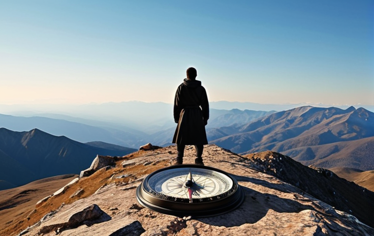 **
A compass pointing towards a clear blue sky, with a silhouette of a person standing on a mountain peak, overlooking a vast landscape. Scattered around the base of the mountain are symbols representing core values like family, creativity, and justice. The style should be motivational and aspirational, evoking a sense of purpose and direction.
**