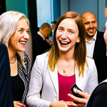 **

A vibrant networking event. People are actively listening to each other, asking open-ended questions, and genuinely connecting. Focus on capturing authentic interactions and shared laughter. Some might be exchanging business cards, but the emphasis should be on quality conversation, not just quantity.

**