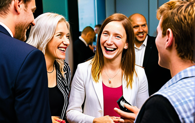 **

A vibrant networking event. People are actively listening to each other, asking open-ended questions, and genuinely connecting. Focus on capturing authentic interactions and shared laughter. Some might be exchanging business cards, but the emphasis should be on quality conversation, not just quantity.

**