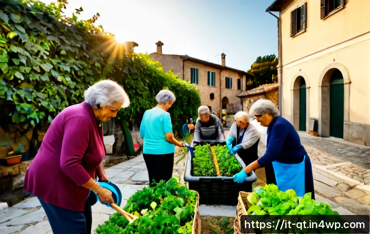 목적 중심 삶의 사회적 가치 - Photorealistic community garden in an Italian town, a diverse group of adults and seniors collaborat...