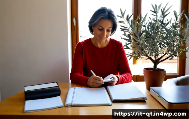 목적 중심 삶의 심리적 이점 - Photorealistic Italian middle-aged woman in a bright, tidy home office in Milan, calmly reviewing a ...